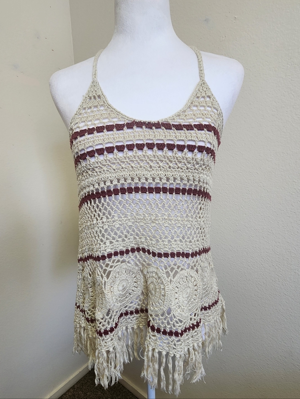 Full Tilt Crochet Fringed Hem Beige Red Tank Top Sz M Boho Festival Stagecoach